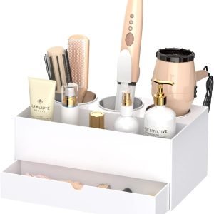 NIUBEE Hair Tool Organizer, White Acrylic Hair Dryer and Styling Organizer with Drawer, Bathroom Countertop Blow Dryer Holder, Vanity Caddy Storage Stand for Accessories, Makeup, Toiletries