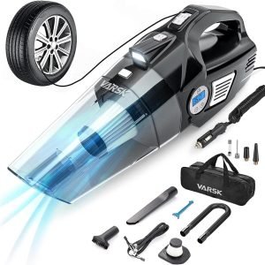 VARSK 4-in-1 Car Vacuum Cleaner High Power, Tire Inflator Portable Car Vacuum with Digital Tire Pressure Gauge LCD Display and LED Light, 12V DC, 15FT Cord, Essential Accessories for Men Women
