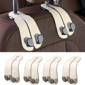 CoBak Purse Hook for Car - Universal Premium Stitched Leather and Aluminum-Magnesium Alloy Double Car Seat Back Storage Hook for Purses, Handbags, Bags (4 Pack)